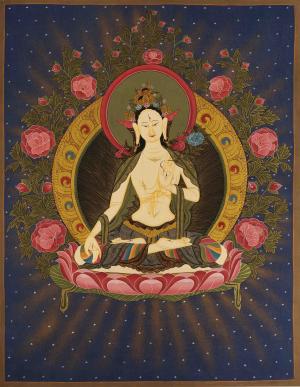 White Tara Thangka Wtih Unique Background | Tibetan Buddhist Female Bodhisattva Art